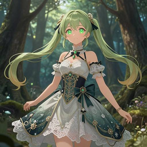 Pigtail Anime Girl in Magical Forest