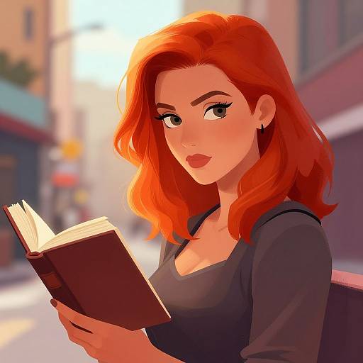 Digital illustration of a red-haired woman with fair skin, black top, and subtle makeup, reading a book on a sunlit, blurred urban street.