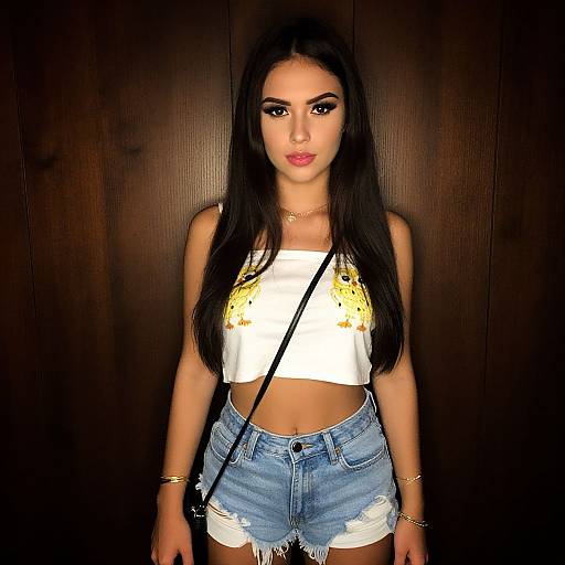 Photograph of a young woman with long black hair, wearing a white crop top with yellow designs, denim shorts, and gold jewelry, standing against a