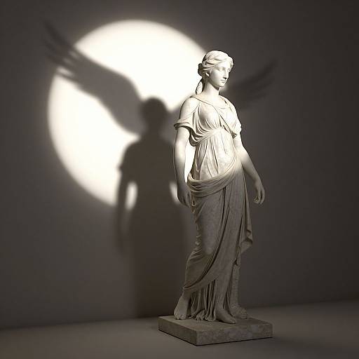 Photograph of a classical marble statue of an angelic female figure with wings, illuminated by a bright circular light, casting a dramatic shadow on the dark