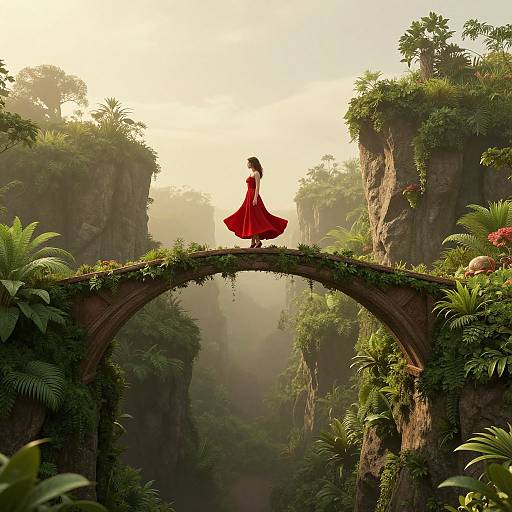 Digital illustration of a woman in a flowing red dress standing on a moss-covered, arching stone bridge in a misty, lush jungle canyon.