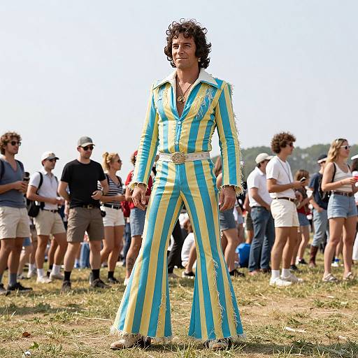 Photograph of a man with curly hair wearing a vibrant blue and yellow striped jumpsuit, standing confidently in a grassy outdoor field with a crowd of