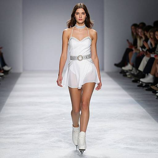 Photograph of a brunette woman modeling a white, sleeveless, V-neck mini dress with a silver belt and white boots on a bright runway.