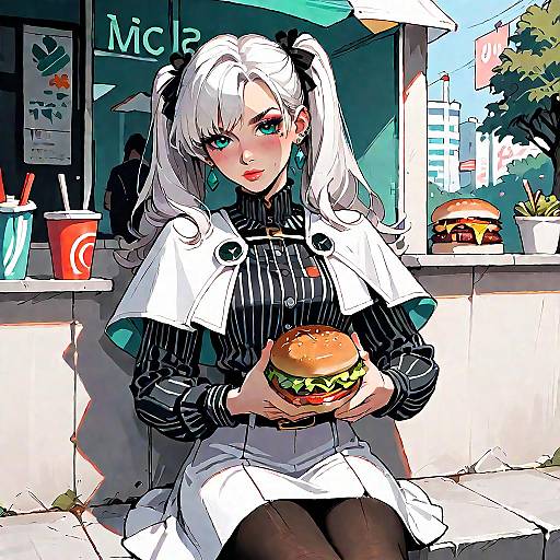Twintails White-Haired Girl Eating Burger
