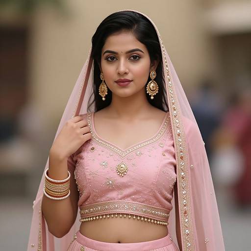 Photograph of a beautiful South Asian woman in a pink traditional outfit with gold embroidery, veil, and jewelry, standing confidently.