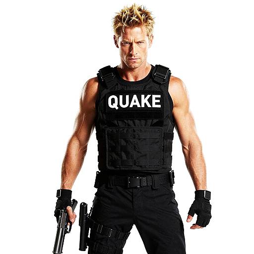 Photograph of a muscular, blonde man with spiked hair, wearing a black 