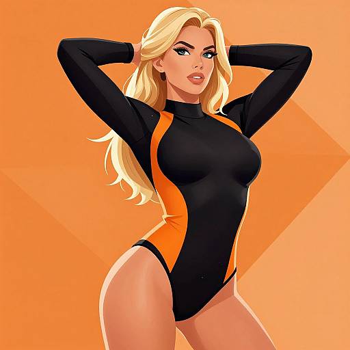 Digital illustration of a blonde woman with blue eyes, wearing a black and orange bodysuit, posing confidently with hands behind her head, against an orange