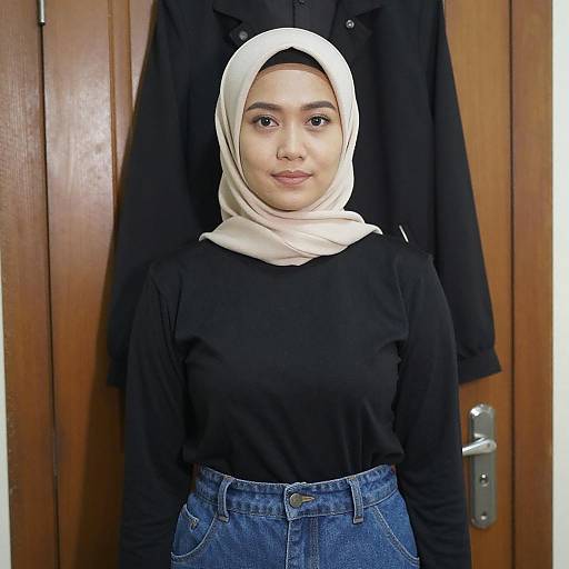 Photograph of a young Southeast Asian woman with light skin, wearing a beige hijab, black long-sleeve top, and blue jeans, standing