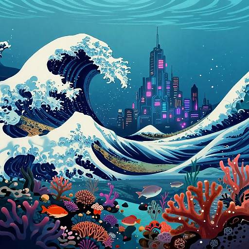 Digital artwork of a futuristic cityscape with towering waves, vibrant coral reefs, colorful fish, and neon-lit skyscrapers under a blue, rip