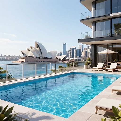 Photograph of a modern urban poolside with a clear blue pool, overlooking Sydney Opera House and skyscrapers under a bright blue sky. Contemporary high