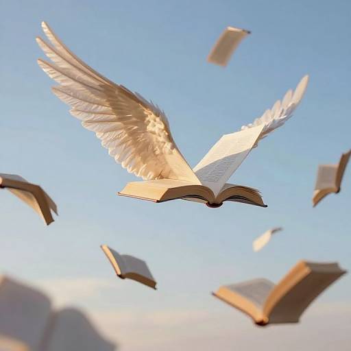 Photograph of a white-winged angel with outstretched wings flying against a clear blue sky, surrounded by floating open books.