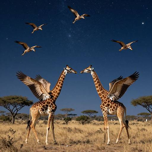 Photograph of two giraffes with wings, standing on a grassy savanna under a starry night sky, with five birds flying above.