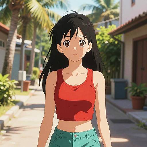Anime Woman in Tropical Alleyway