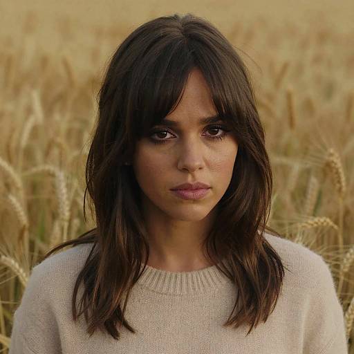 Photograph of a young woman with medium brown skin, dark brown wavy hair, and pink lipstick, wearing a beige sweater, standing in a golden