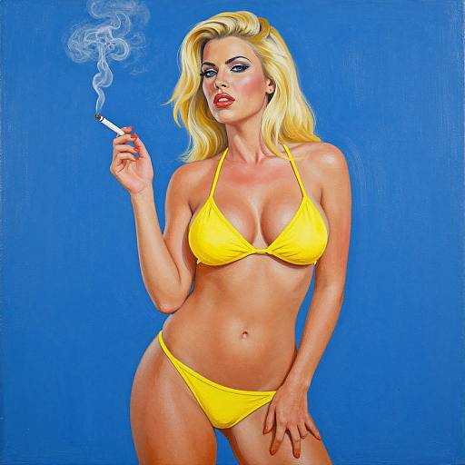 Digital painting of a blonde woman with blue eyes, wearing a yellow bikini, smoking a cigarette against a bright blue background.