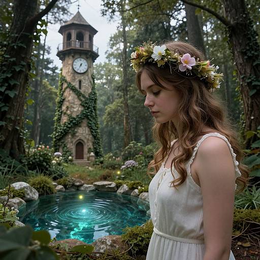 Photograph of a young woman with wavy brown hair, wearing a white dress and flower crown, standing beside a glowing, circular pond with a clock