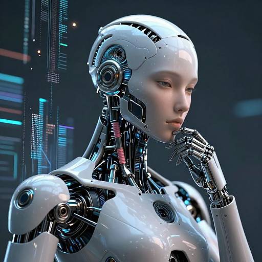 CGI image of a white-skinned, female android with sleek, white and black mechanical features, gazing thoughtfully, set against a futuristic,