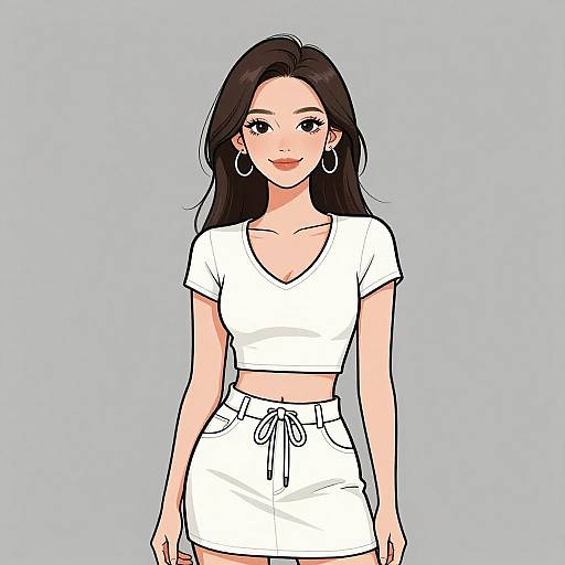 Digital drawing of an attractive Asian woman with long black hair, wearing a white crop top and high-waisted skirt, large hoop earrings, light gray