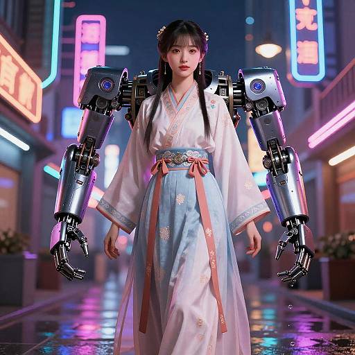 Girl in Hanfu with Mechanical Arms in Neon City