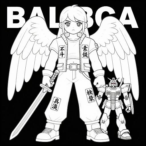 Mechanic Girl with Sword and Gundam Robot