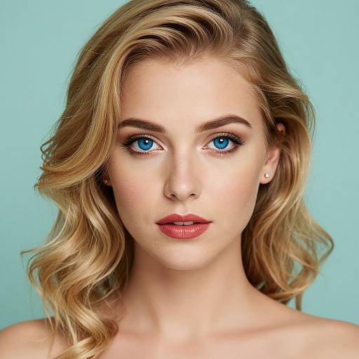 Photograph of a fair-skinned, blonde woman with blue eyes, wavy hair, red lipstick, and small stud earrings against a light blue background