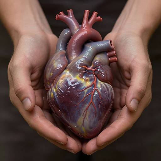 Photograph of a person's hands cradling a detailed, glossy, realistic, multi-colored anatomical heart model with visible veins and arteries.
