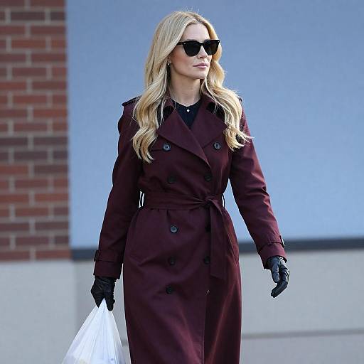 Blonde Woman in Maroon Trench Coat