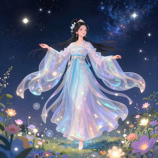 Digital artwork of a glowing, ethereal woman in a flowing, transparent white dress, surrounded by starry sky, colorful flowers, and sparkling lights,