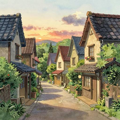 Ghibli Style Cozy Village Sunset