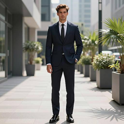 Confident Man in Navy Blue Suit Outdoors