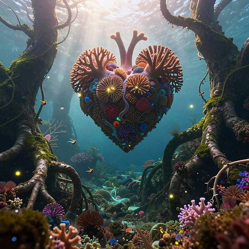 Giant Coral Heart Over Underwater Reef