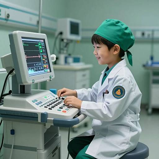 Photograph of an Asian male medical student in a white lab coat and green headscarf, operating a medical monitor in a clinical setting.