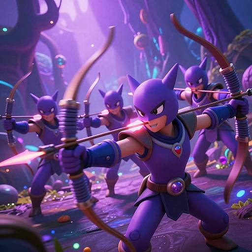 CGI image of blue, cat-eared warriors with glowing red eyes, aiming glowing bows in a neon-lit, futuristic forest. Dynamic action scene