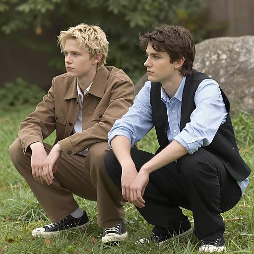 Two Young Men Sitting Outdoors in Nature