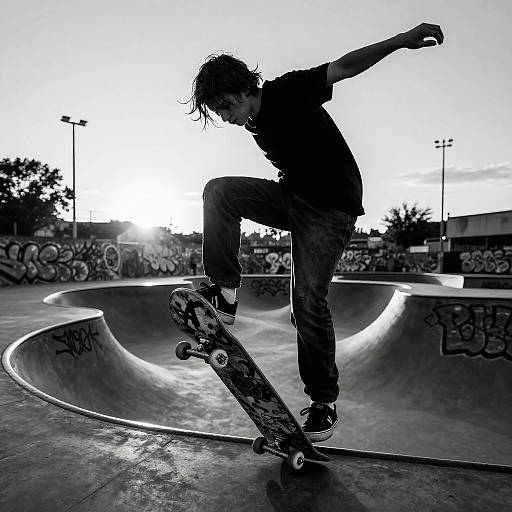Noir Skateboarder Tricks at Sunset