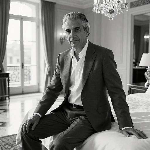 Black-and-white photograph of a middle-aged man with gray hair, wearing a suit and white shirt, sitting on a bed in an elegant, well-l