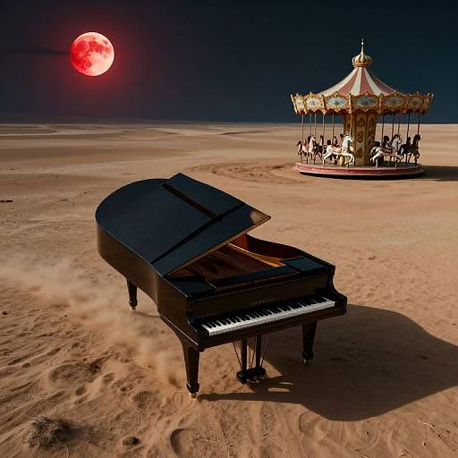 Photograph of a grand piano in a desert under a red moon, with a vintage carousel in the background.