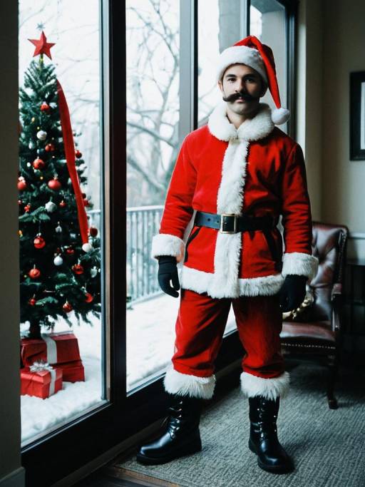 Man in Santa Claus Costume by Christmas Tree