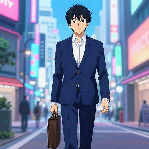 Anime-style drawing of a young man in a blue suit, white shirt, holding a briefcase, walking down a brightly lit, neon-lit urban
