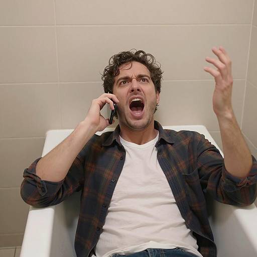 Intense Man in Bathtub with Phone
