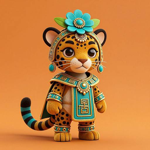 Cute, CGI-rendered, anthropomorphic leopard cub in vibrant, turquoise and gold Aztec-style attire with a blue flower headdress, standing against