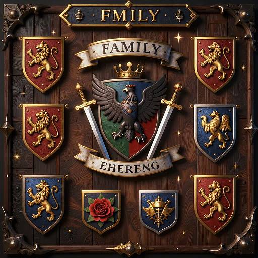 Digital art of a medieval family crest with a central shield, wings, swords, and lions on red and blue shields, surrounded by a wooden background and