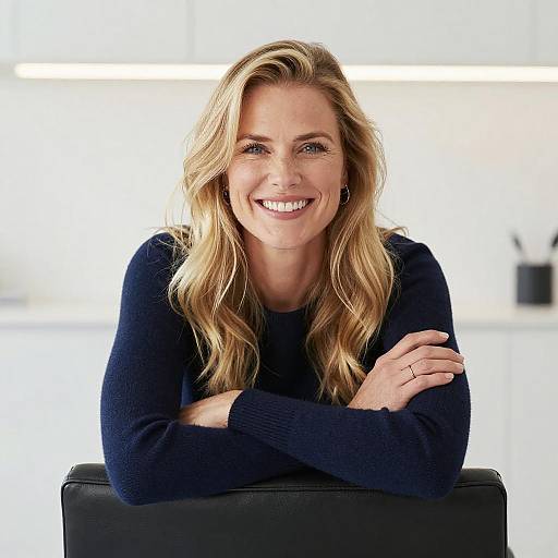 Photograph of a smiling blonde woman with wavy hair, wearing a dark blue sweater, arms crossed, seated against a bright white background.