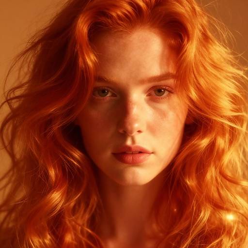 Photograph of a fair-skinned woman with vibrant, wavy red hair illuminated by warm, golden light, casting dramatic shadows on her face. Int