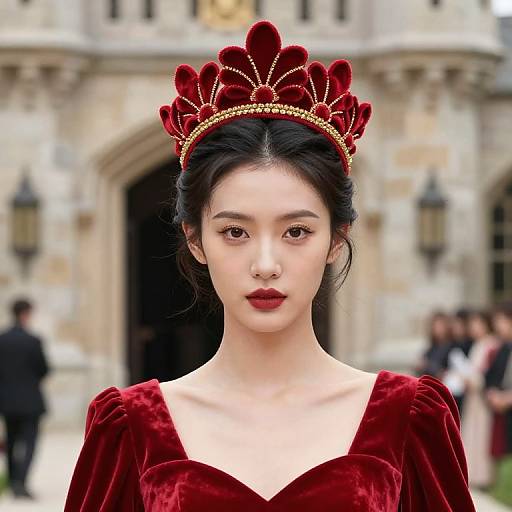 Photograph of an Asian woman with fair skin, red velvet dress, and elaborate red and gold crown, standing in front of a historic stone building.