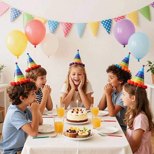 Photograph of six children, laughing, wearing rainbow hats, around a birthday table with cake, juice, colorful balloons, and bunting.