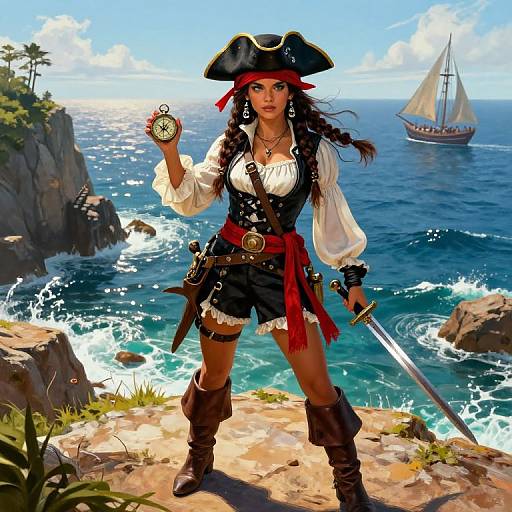 Vibrant Female Pirate on Coastal Cliff
