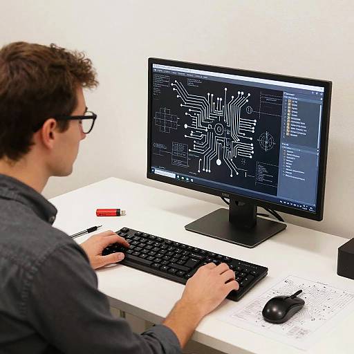 Man Analyzing Digital Circuit Diagrams
