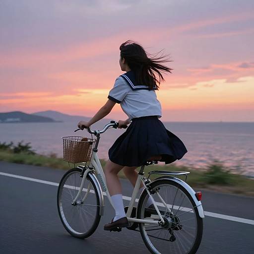 Japanese Schoolgirl Cycling at Sunset