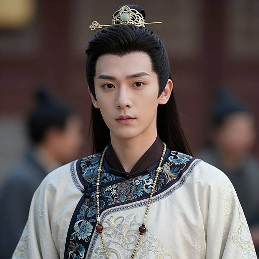 Photograph of an Asian male in traditional Korean royal attire, black hair styled with an ornate gold hairpiece, white robe with intricate black patterns,
